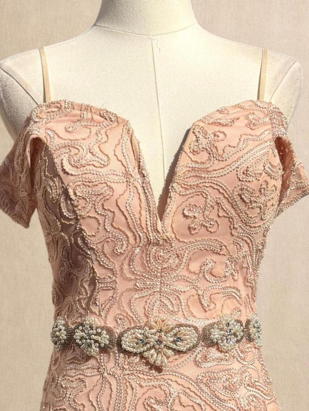 Jodi Kristopher pink lace maxi dress with beaded waist